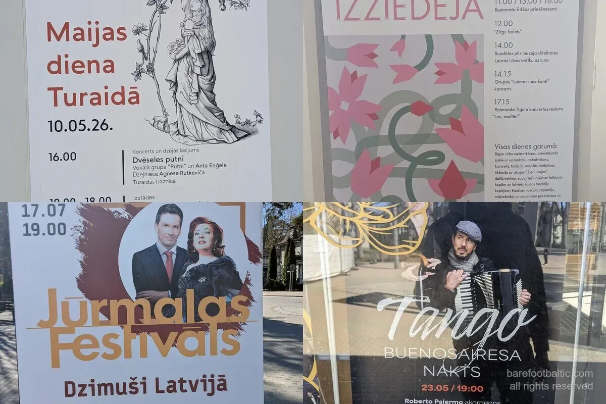 Four event posters spotted around Latvia in spring 2026 — Maija's Day in Turaida, Rundāle Garden Festival, Tango Buenos Aires Night and the Jūrmala Festival.