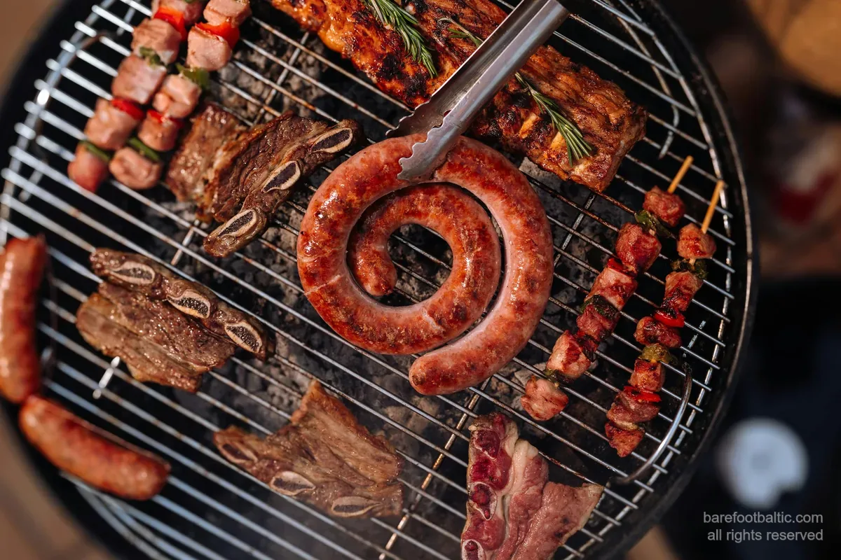 Coiled Latvian sausage, pork ribs, beef short ribs and skewers on a charcoal grill — the cornerstone of Latvian cuisine.