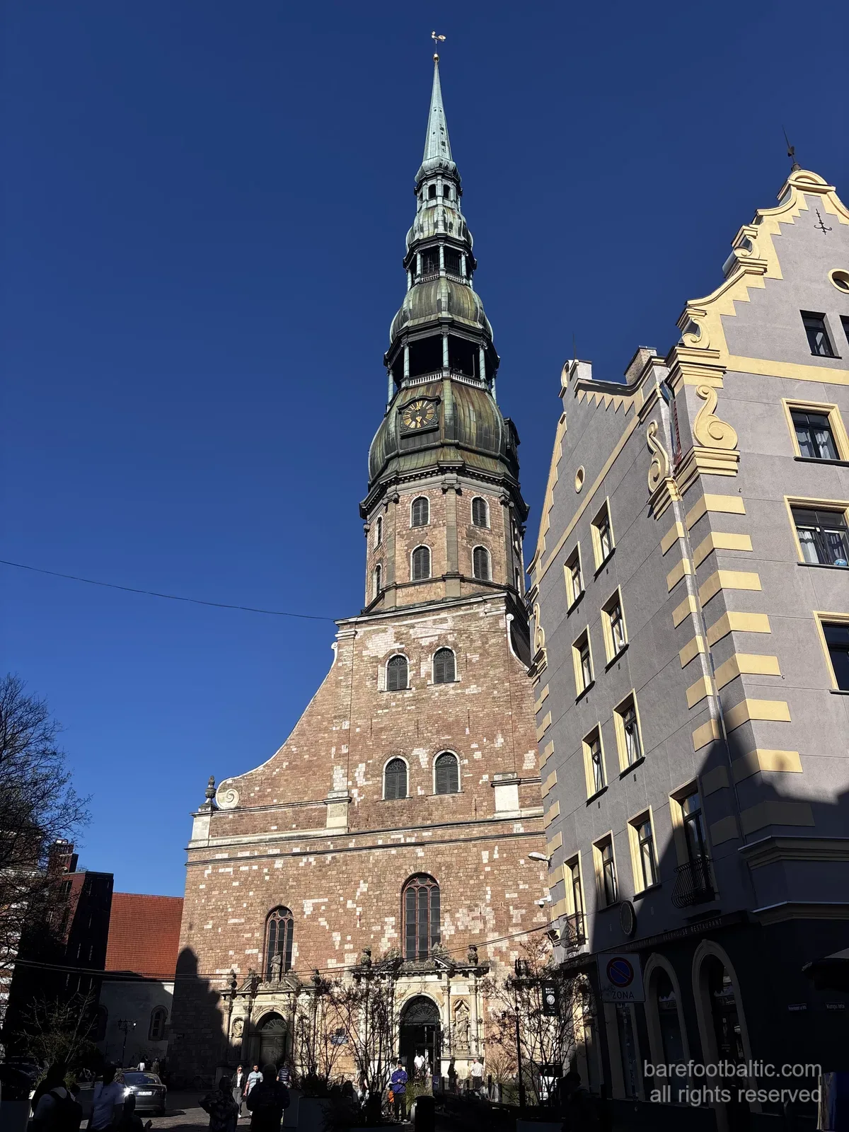 St Peter's Church with its 123-metre green spire above Riga Old Town, Latvia