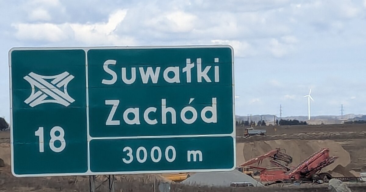 Suwałki Zachód exit sign on the S61 expressway through the Suwałki Gap, north-east Poland.