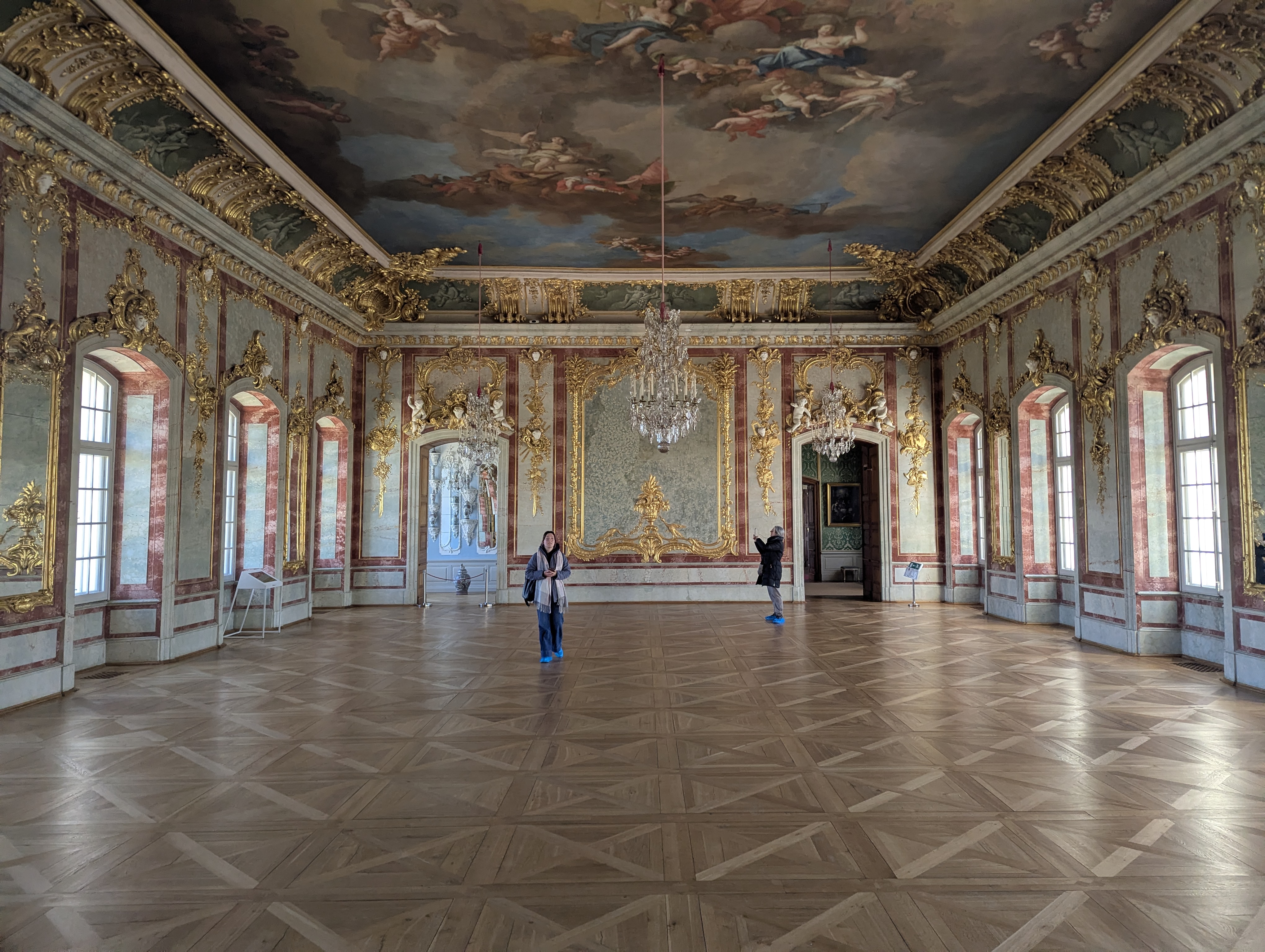 Rundāle Palace Grand Gallery with marble pilasters and a baroque ceiling fresco