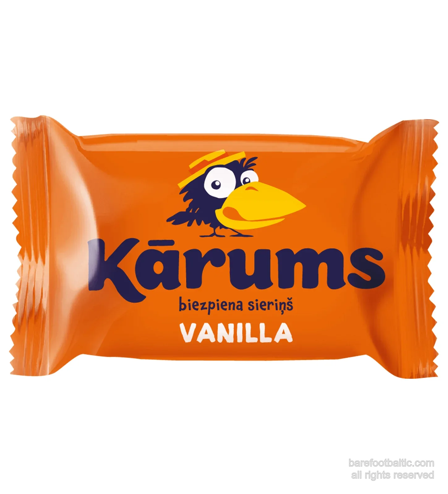 Kārums biezpiena sieriņš vanilla, the Latvian unchocolated curd cheese bar in its orange wrapper with the cartoon crow logo