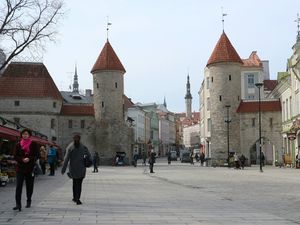 City Sidewalk People Walking Brown Building in Tallinn
