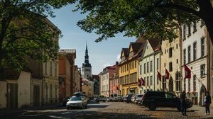 City Street Parked Cars Tall Buildings in Tallinn